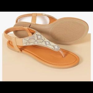 Nude Women's T-Strap Elastic Sandals Open Toe Rhinestone Thong Flats sz 8.5